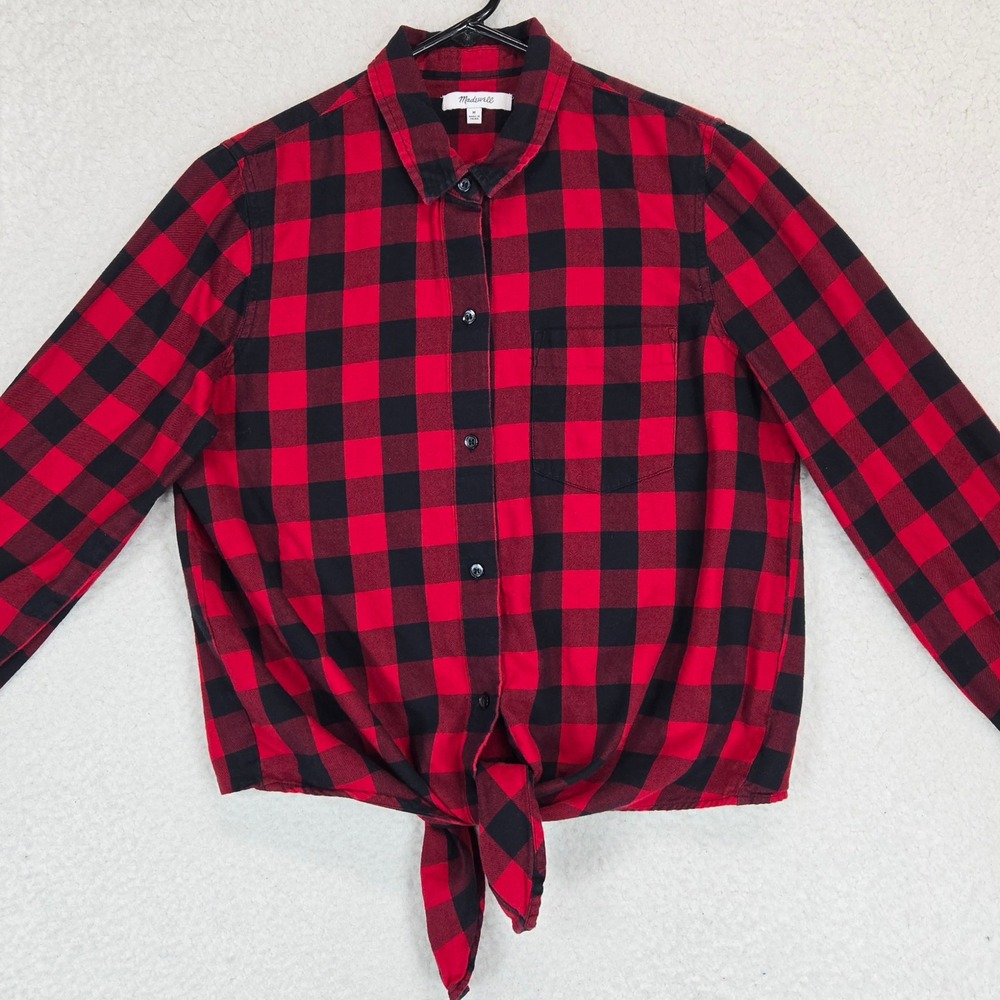 Madewell Buffalo Check Flannel Shirt Women M Red Black Plaid Tie Front Button Up